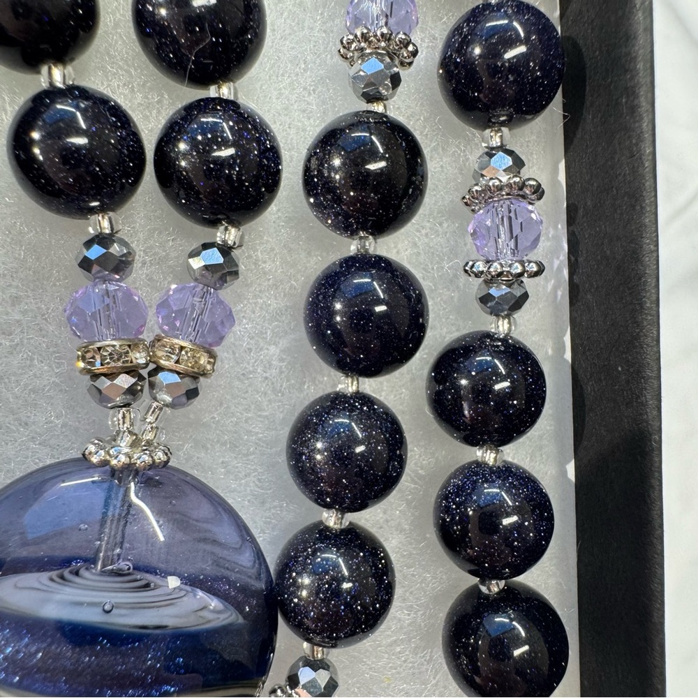 Murano Venetian Art Glass Bead Necklace Purple Galaxy w/ Crystal Tassel 15.5"